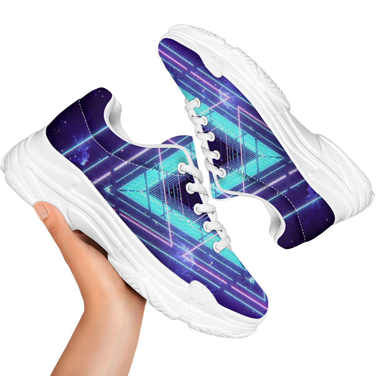 EDM Light Blue Geometric Print White Chunky Shoes-grizzshop