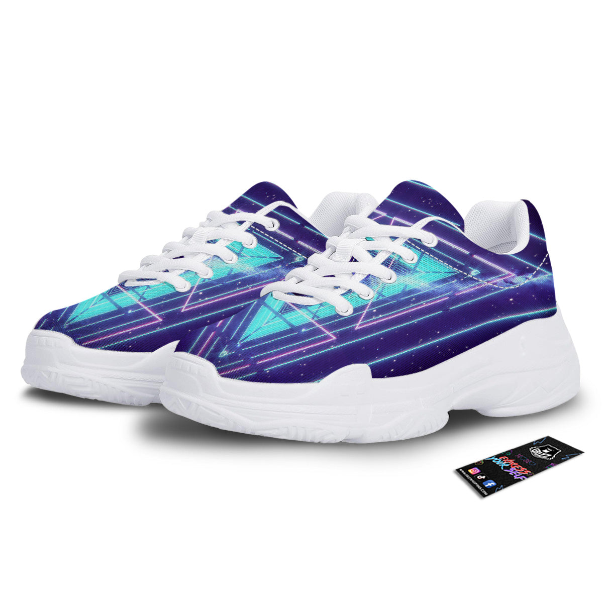 EDM Light Blue Geometric Print White Chunky Shoes-grizzshop
