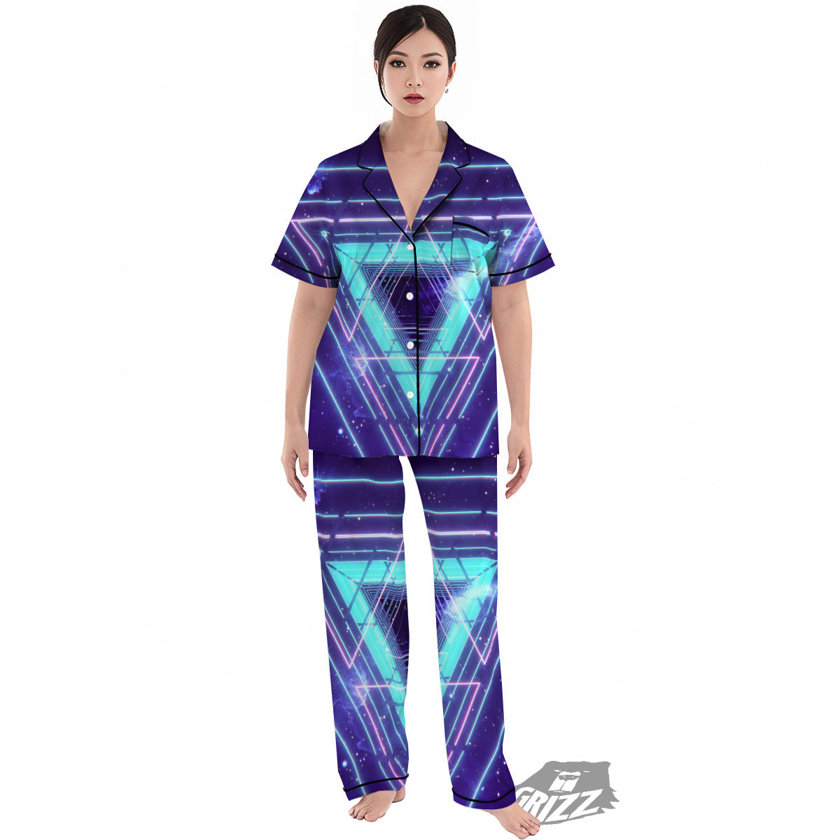 EDM Light Blue Geometric Print Women's Pajamas Set-grizzshop