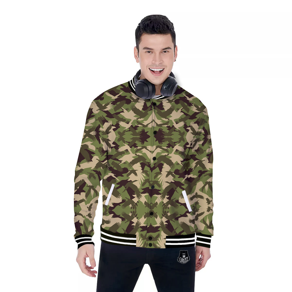 Eagle Camouflage Green Print Pattern Baseball Jacket-grizzshop