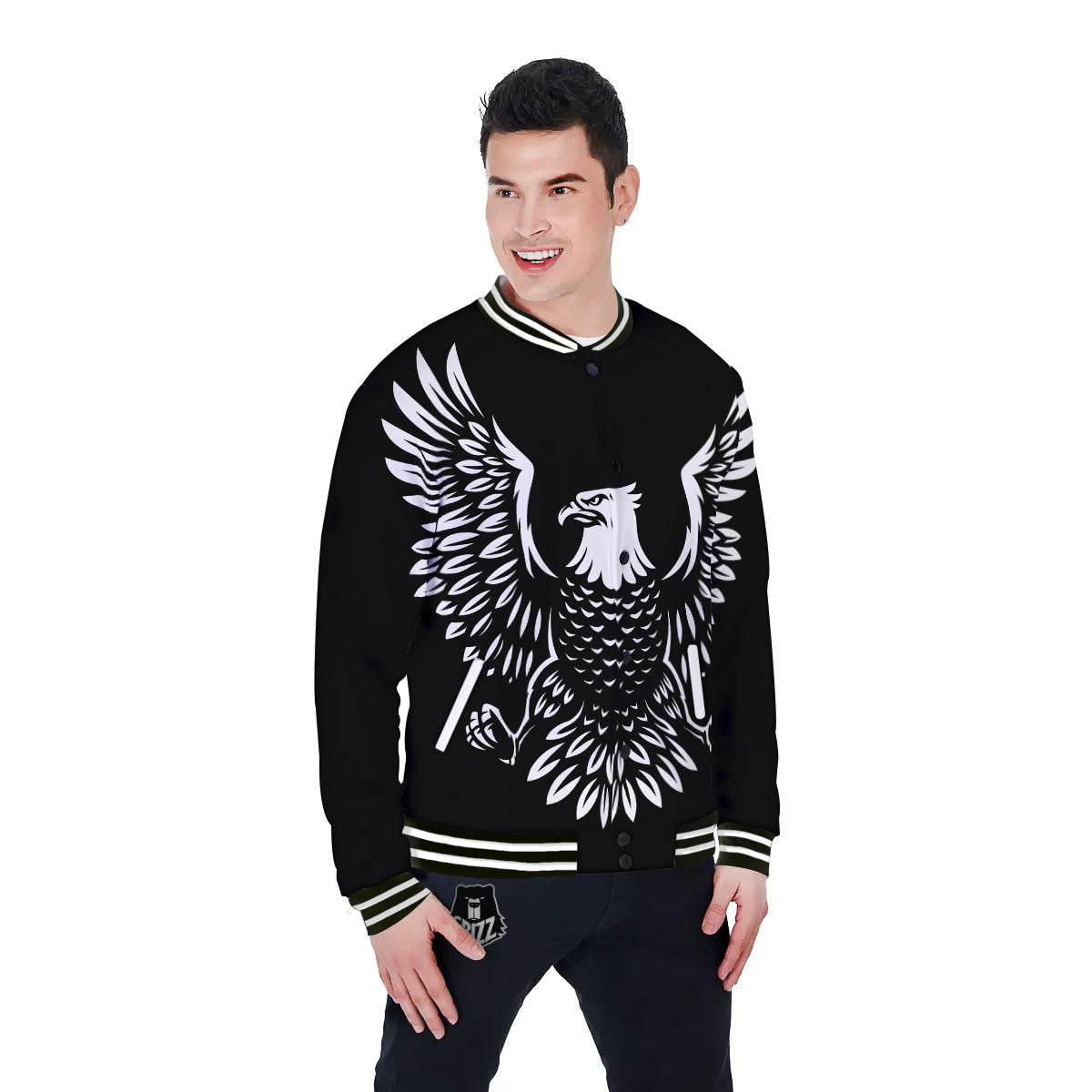 Eagle Monochrome Print Baseball Jacket-grizzshop