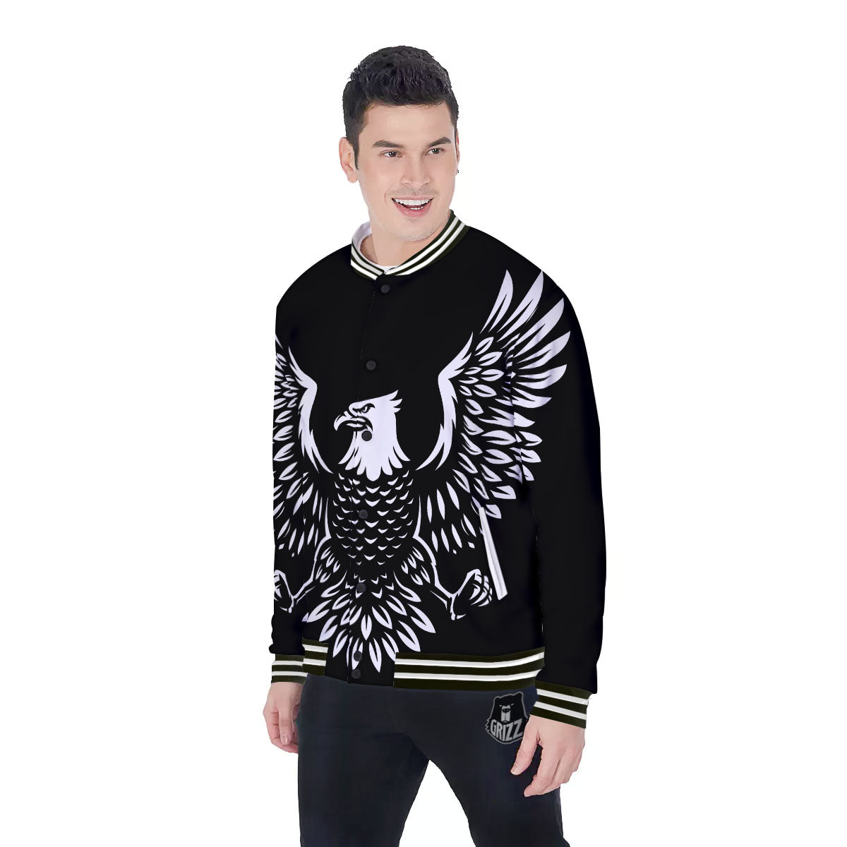 Eagle Monochrome Print Baseball Jacket-grizzshop