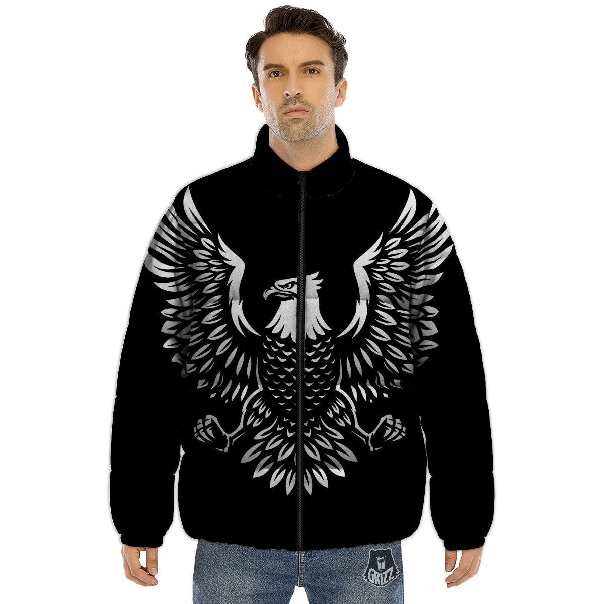 Eagle Monochrome Print Puffer Jacket-grizzshop