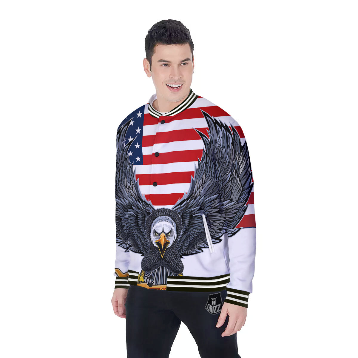 Eagle Patriotic American Print Baseball Jacket-grizzshop