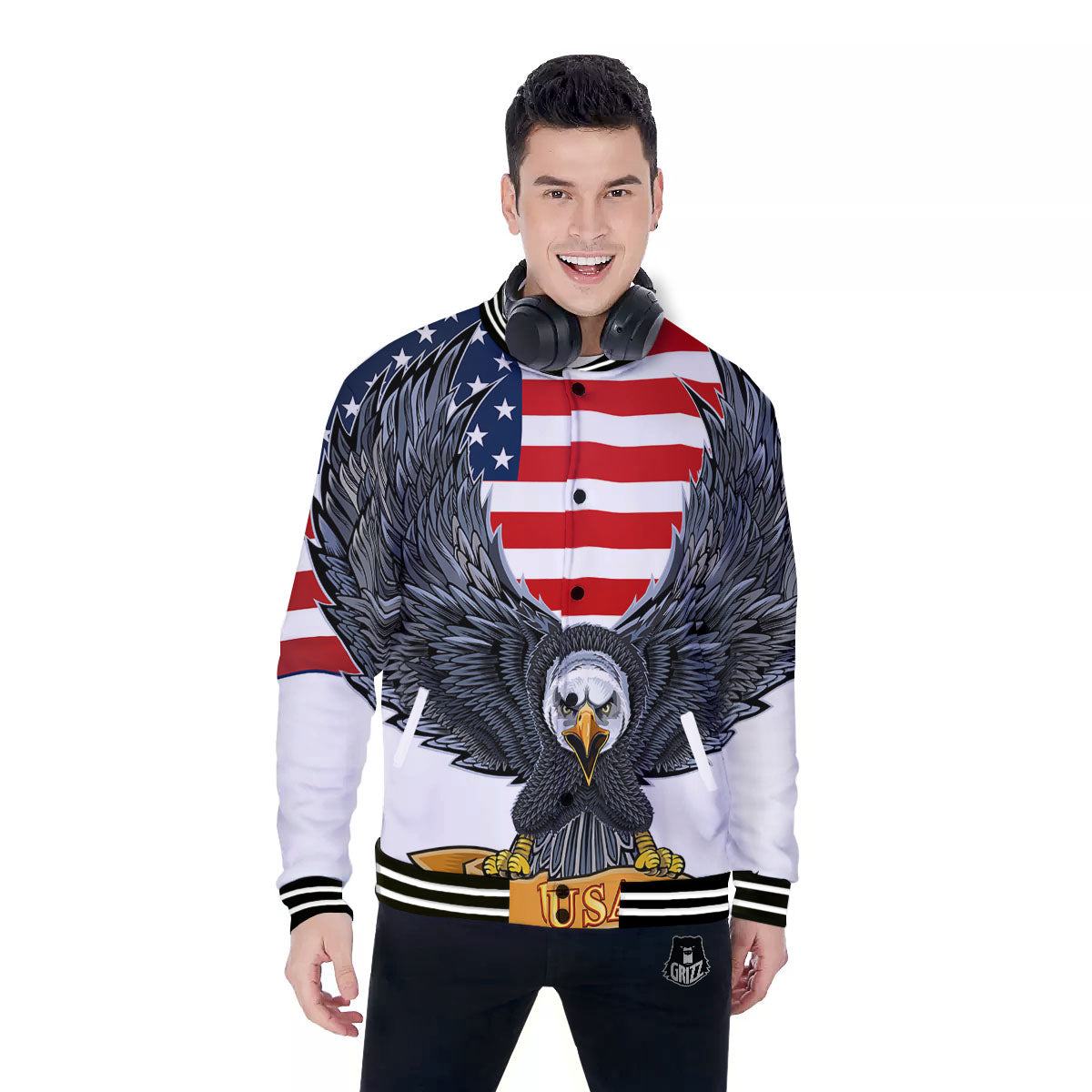 Eagle Patriotic American Print Baseball Jacket-grizzshop