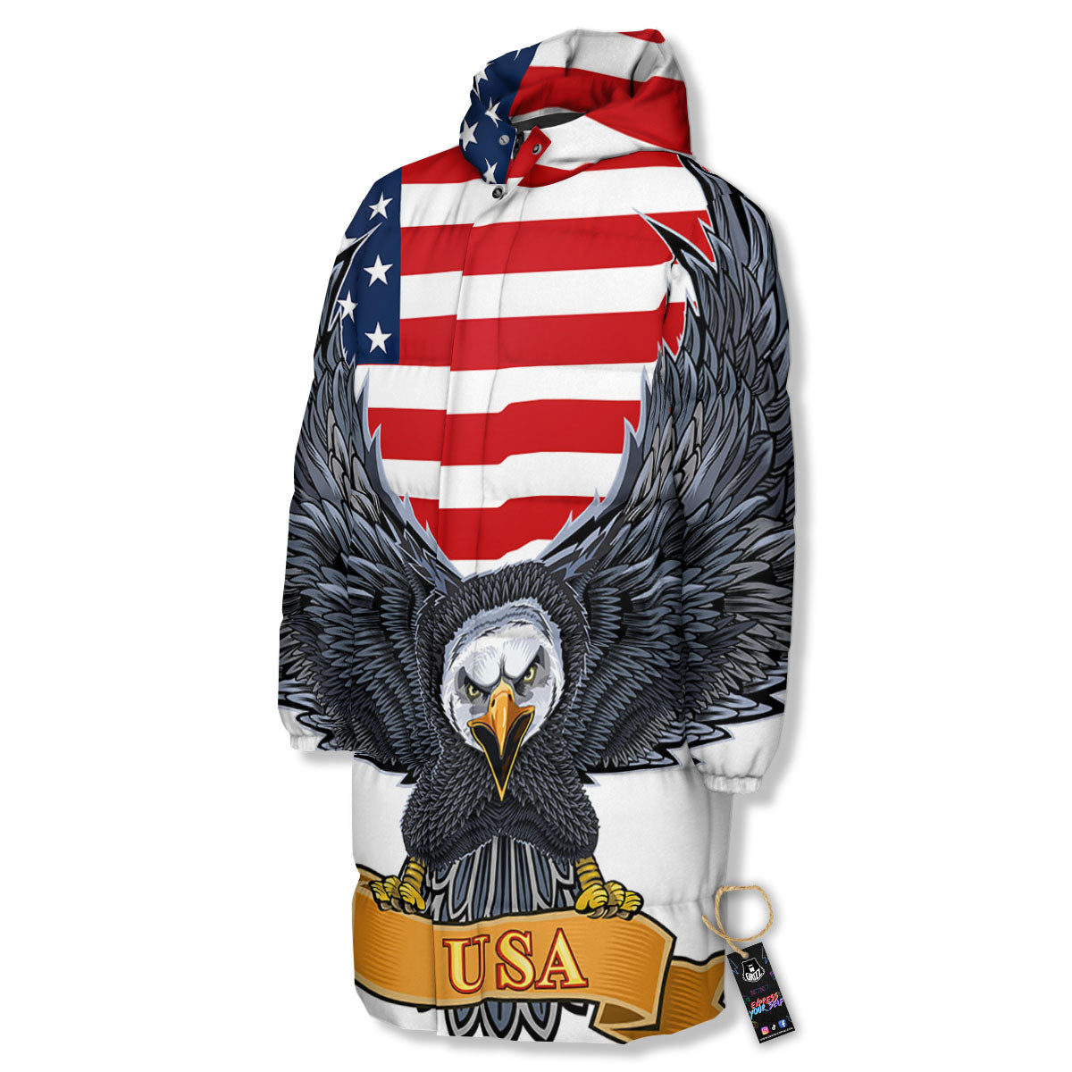 Eagle Patriotic American Print Long Down Jacket-grizzshop