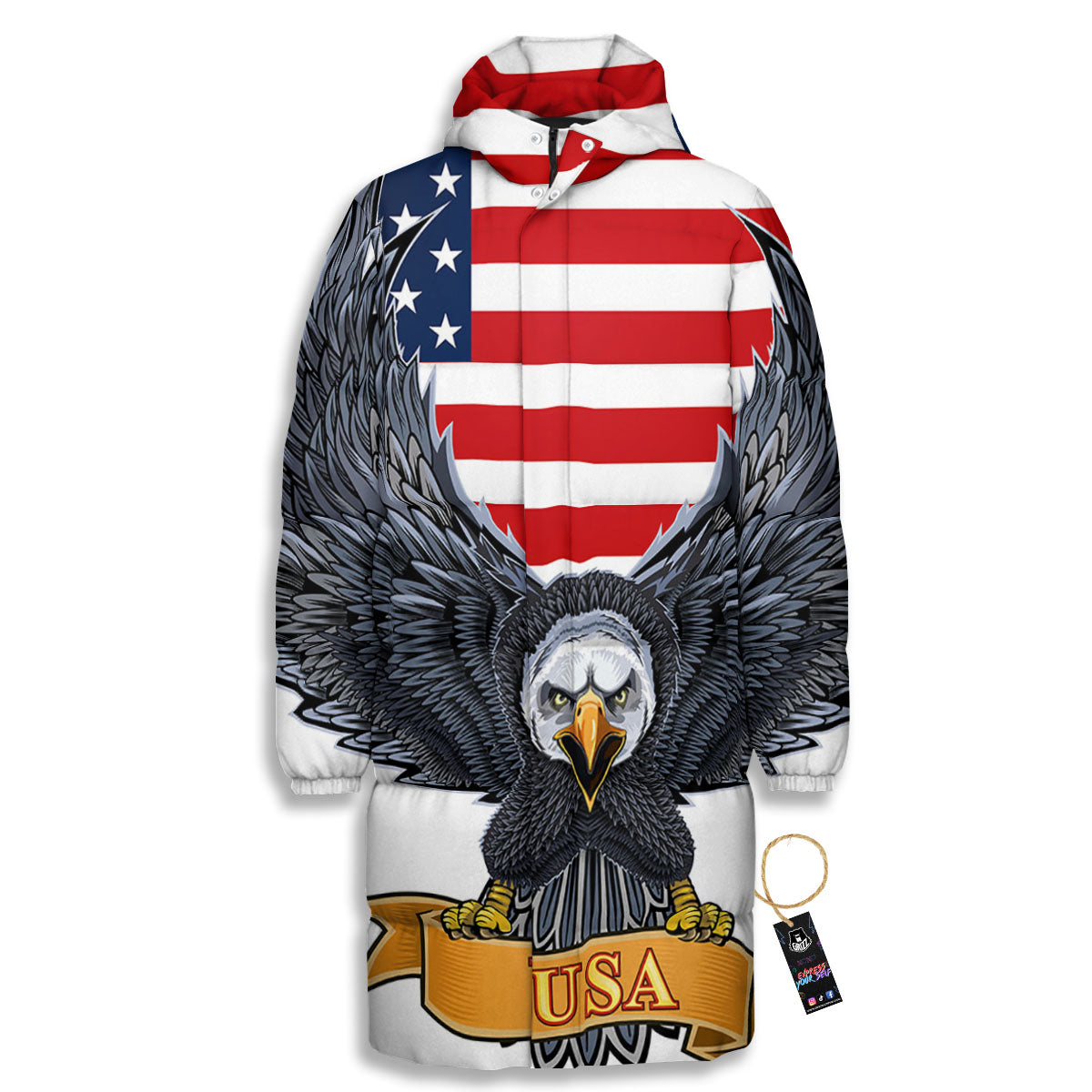 Eagle Patriotic American Print Long Down Jacket-grizzshop