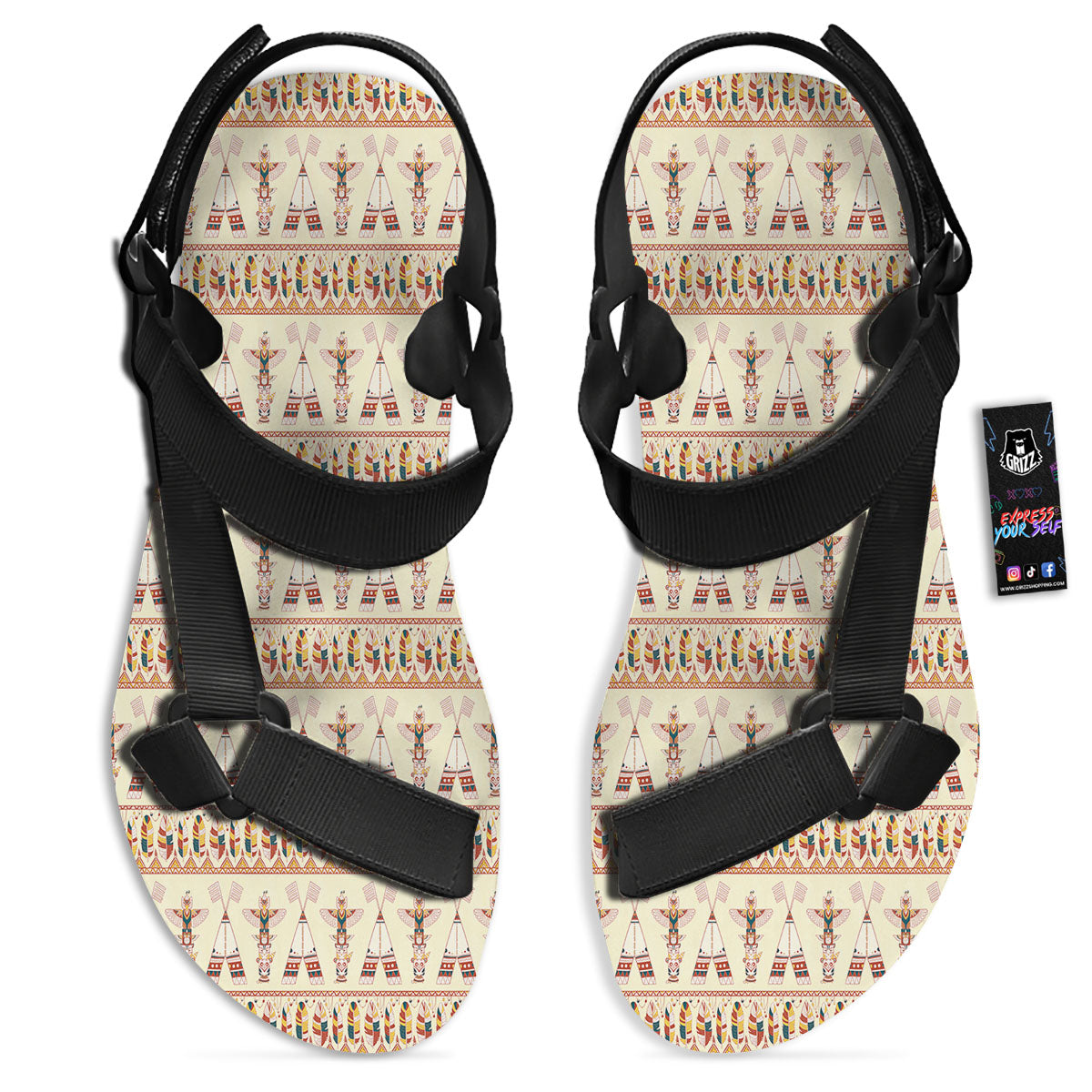 Eagle Totem Native American Print Black Open Toe Sandals-grizzshop