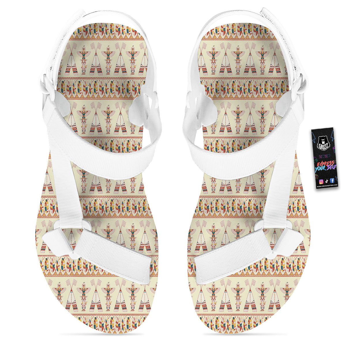 Eagle Totem Native American Print White Open Toe Sandals-grizzshop