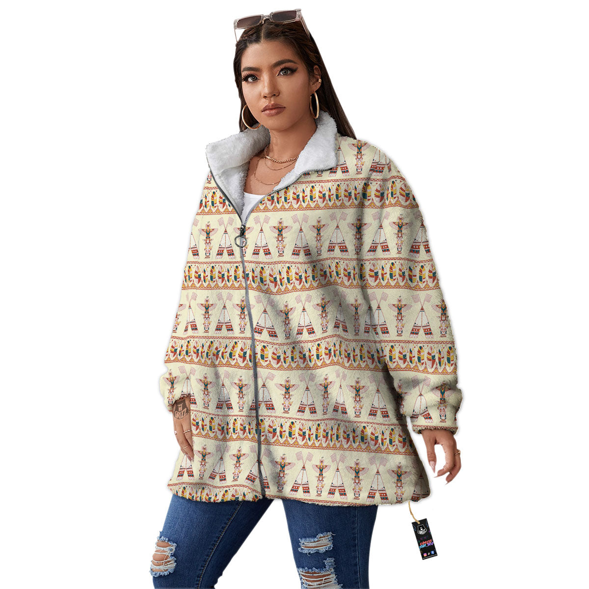 Eagle Totem Native American Print Women's Sherpa Jacket-grizzshop