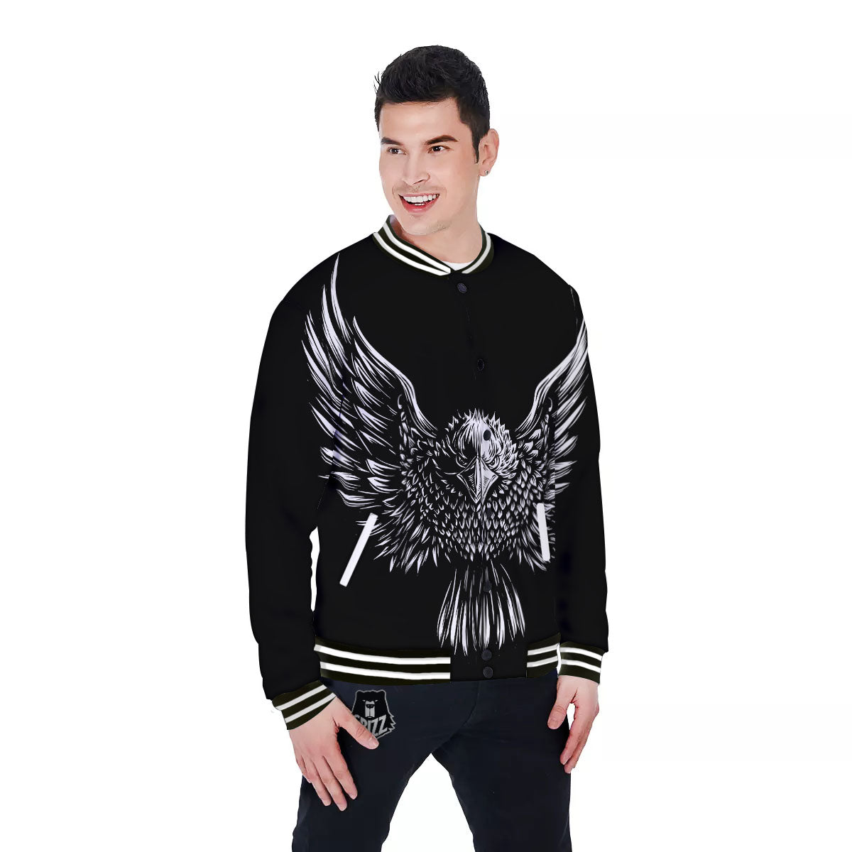 Eagle White And Black Print Baseball Jacket-grizzshop