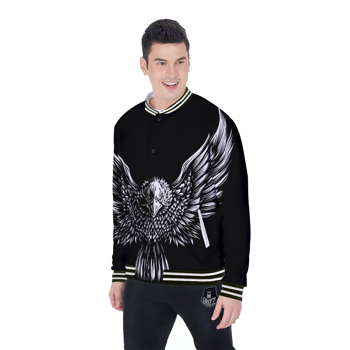 Eagle White And Black Print Baseball Jacket-grizzshop