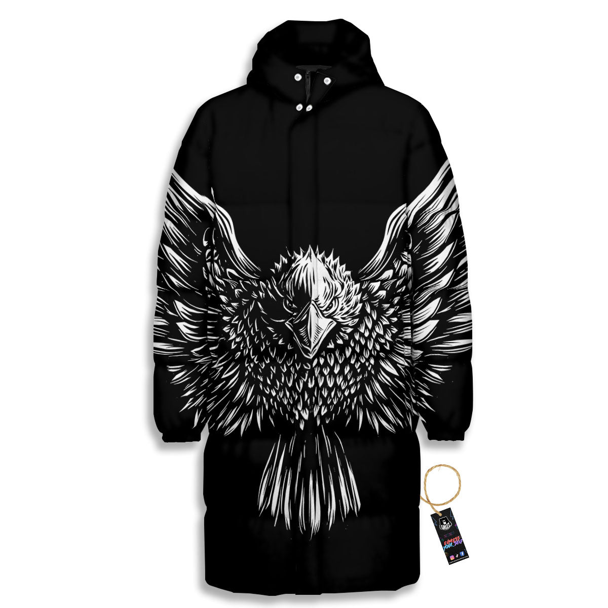 Eagle White And Black Print Long Down Jacket-grizzshop
