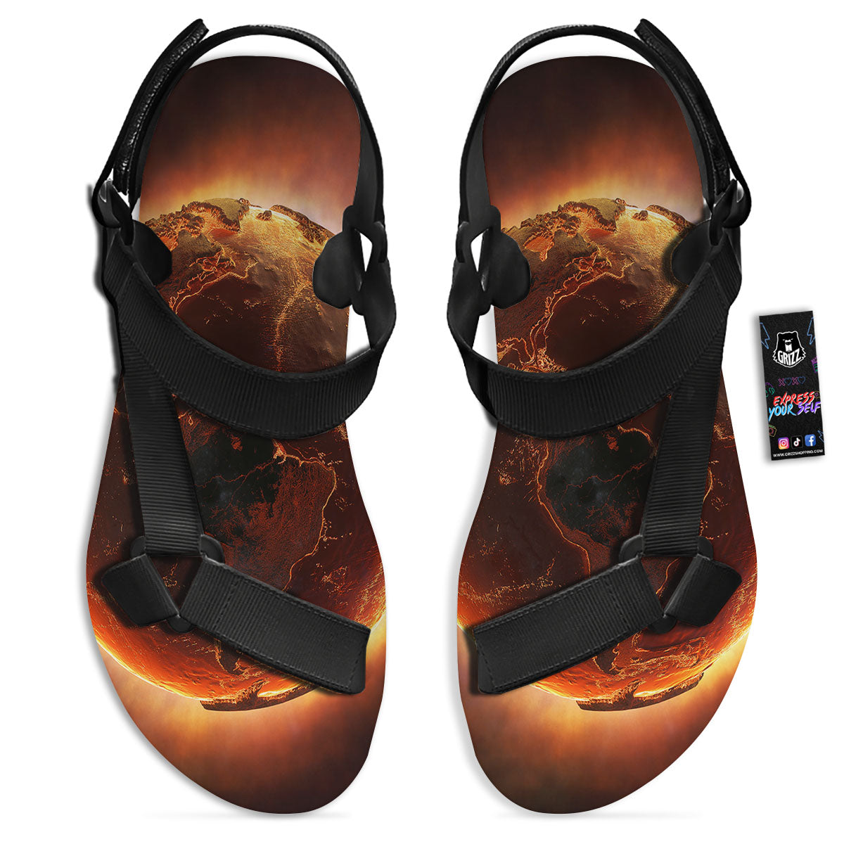 Earth Burning Print Black Open Toe Sandals-grizzshop