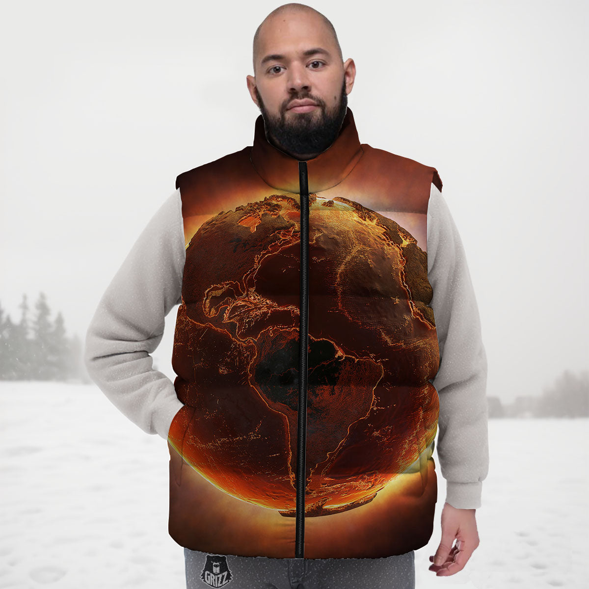 Earth Burning Print Down Vest-grizzshop