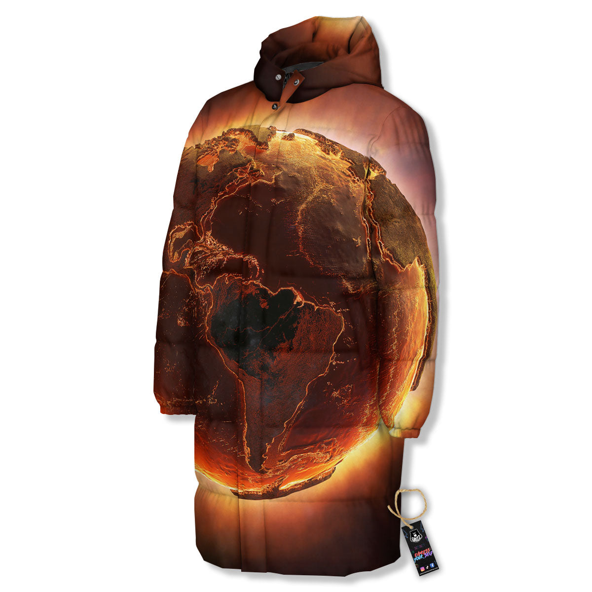Earth Burning Print Long Down Jacket-grizzshop