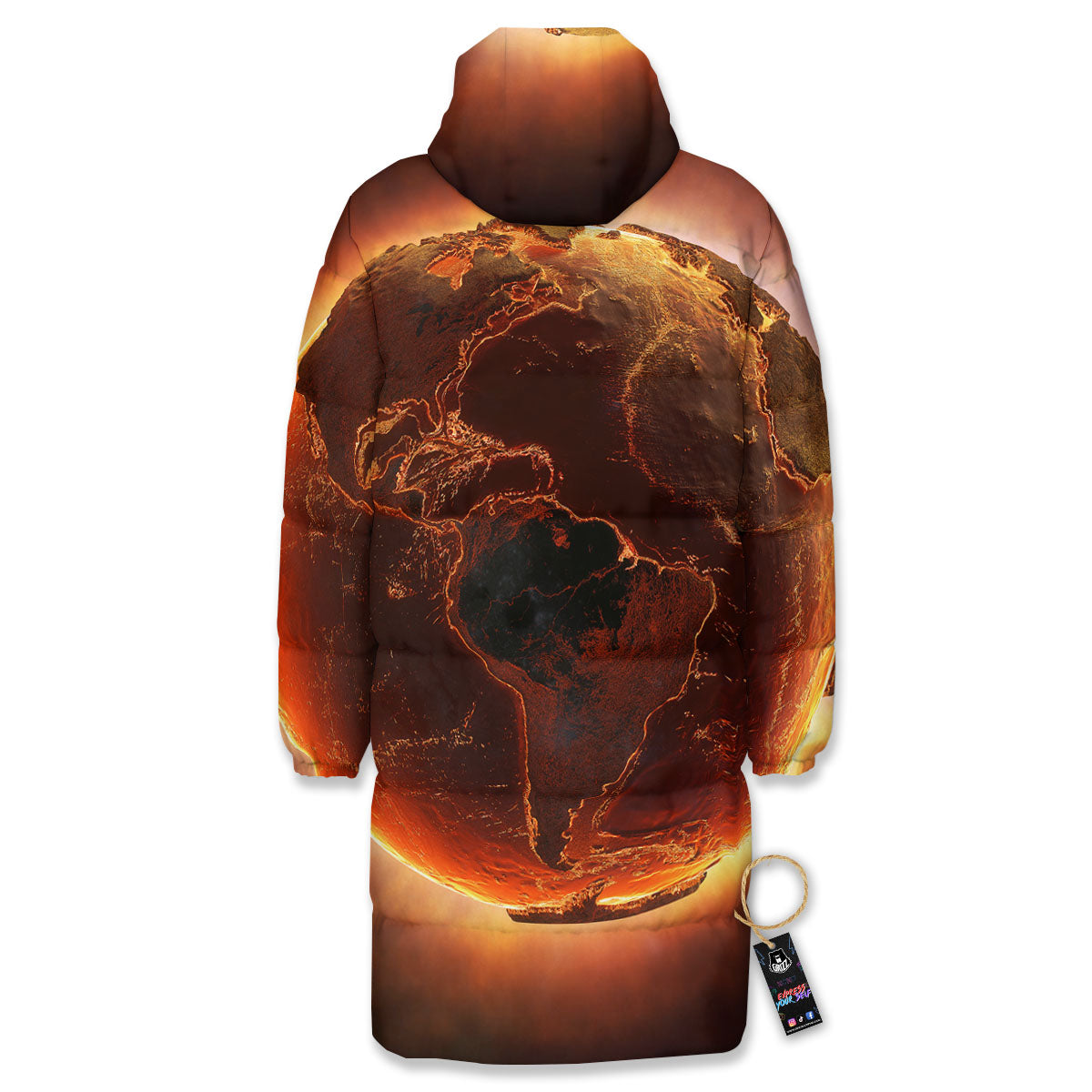 Earth Burning Print Long Down Jacket-grizzshop