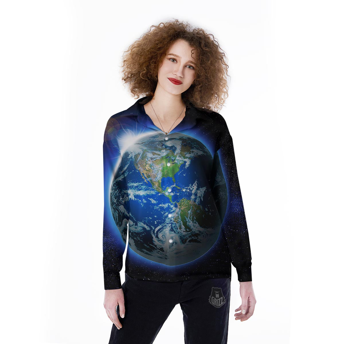 Earth Sunrise Print Women's Long Sleeve Shirts-grizzshop