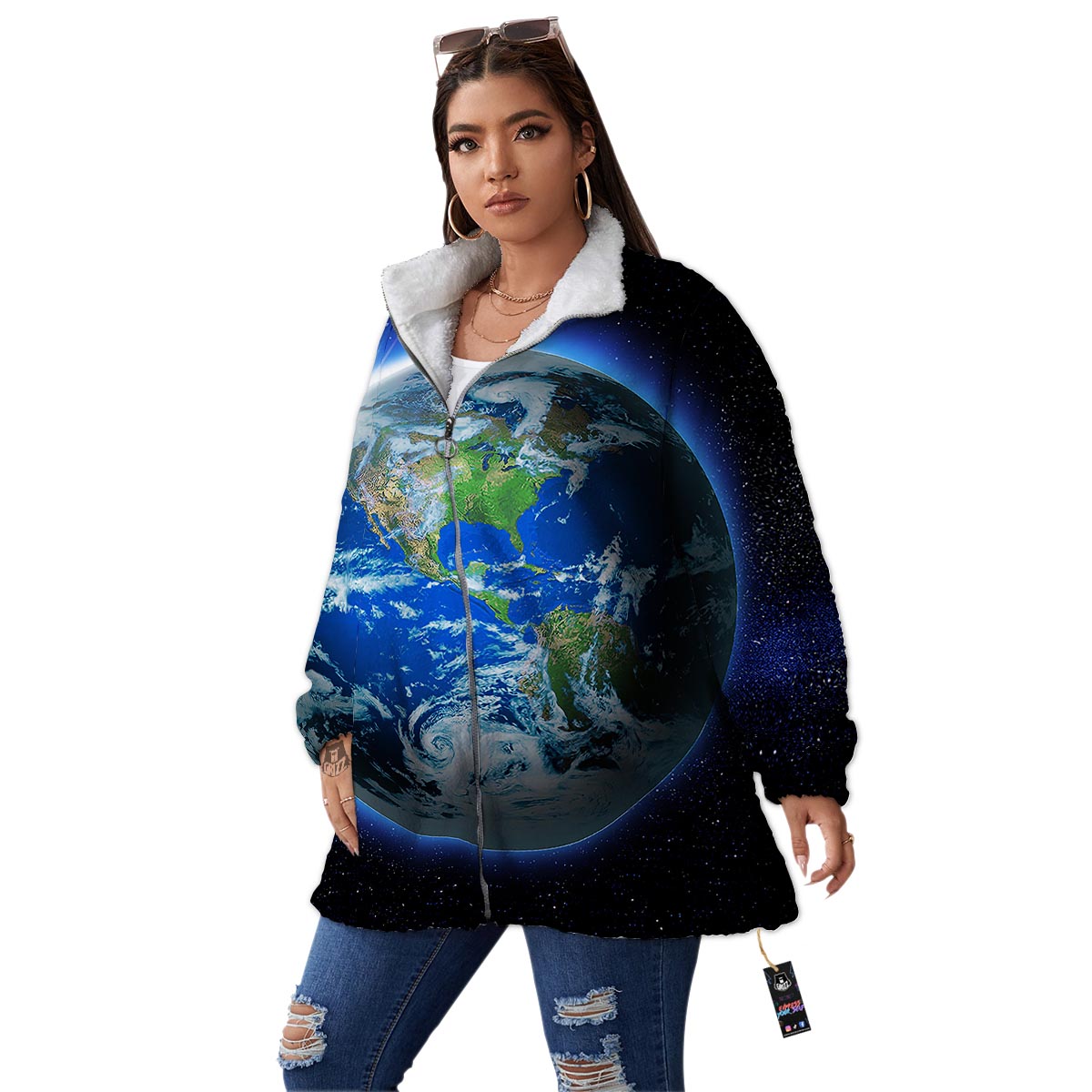 Earth Sunrise Print Women's Sherpa Jacket-grizzshop