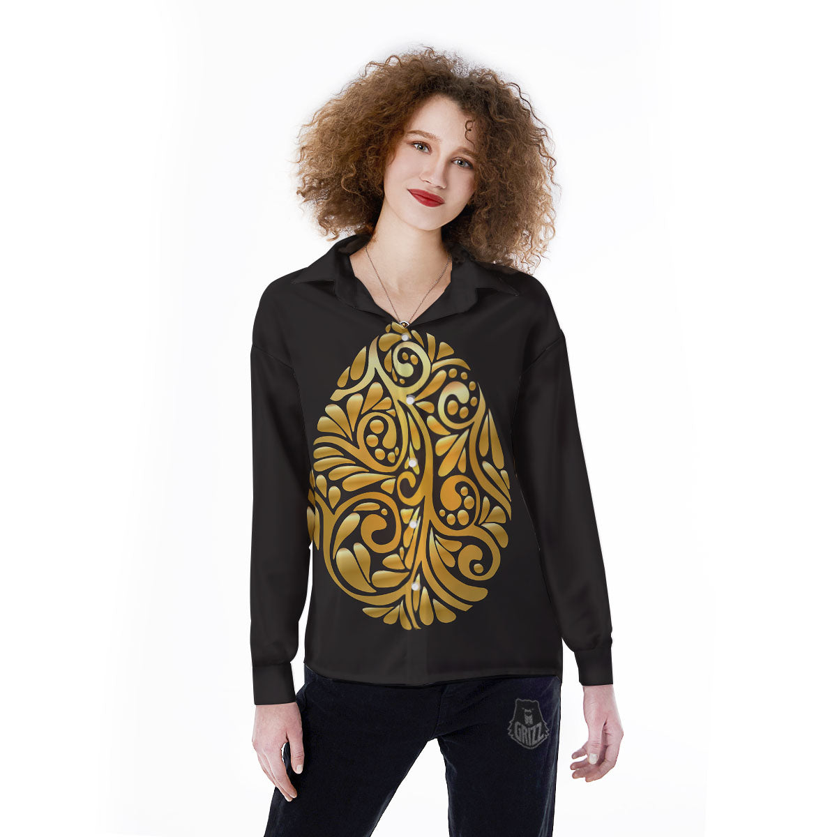 Easter Egg Gold Print Women's Long Sleeve Shirts-grizzshop