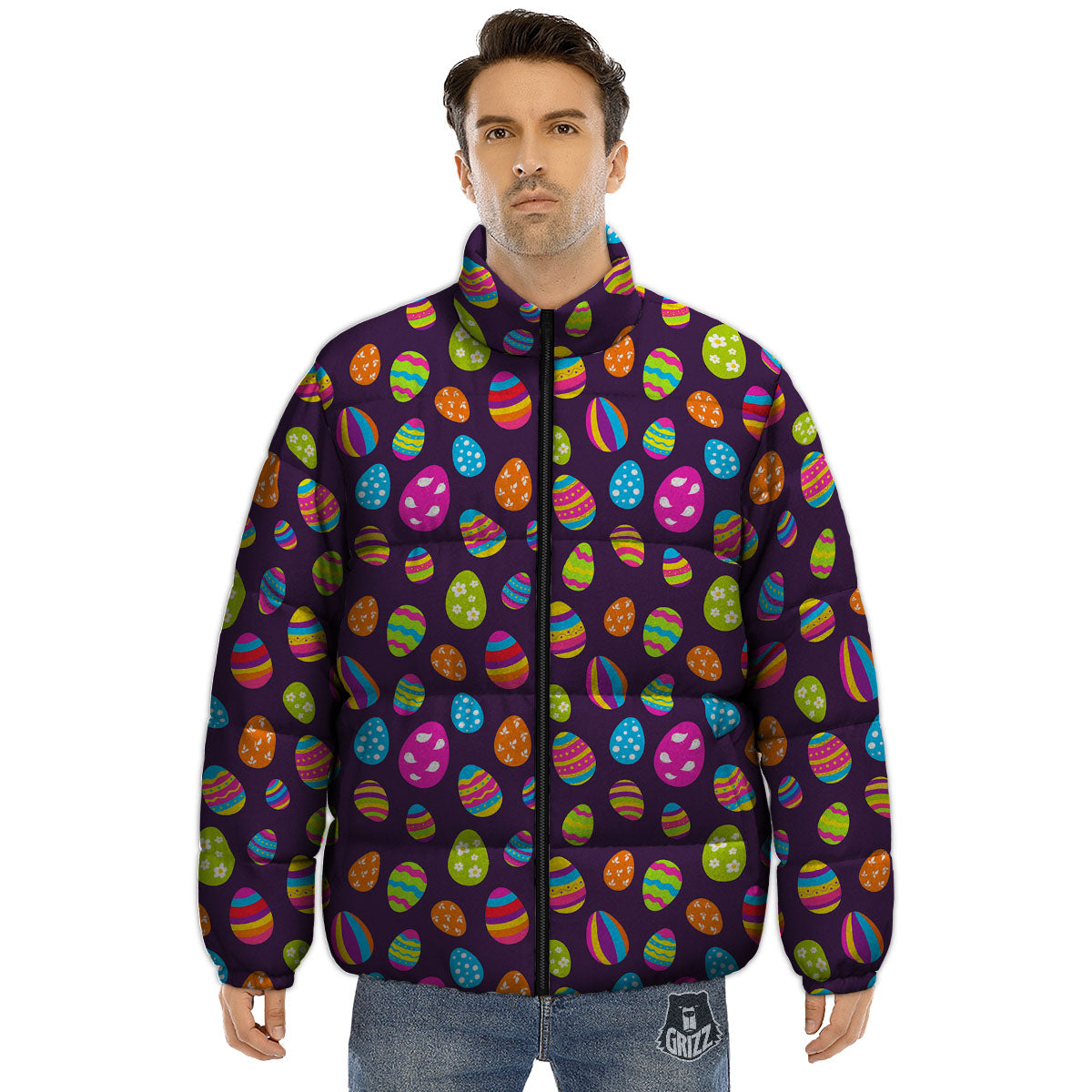 Easter Eggs Colorful Cute Print Pattern Puffer Jacket-grizzshop
