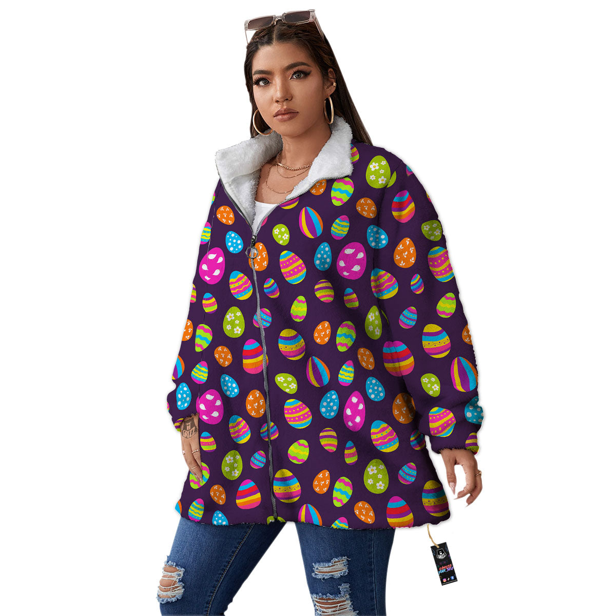 Easter Eggs Colorful Cute Print Pattern Women's Sherpa Jacket-grizzshop