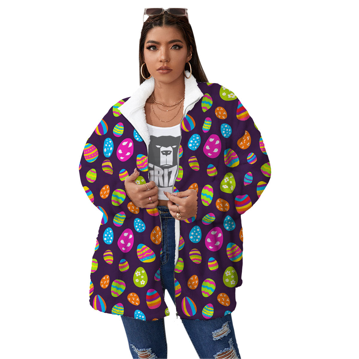 Easter Eggs Colorful Cute Print Pattern Women's Sherpa Jacket-grizzshop