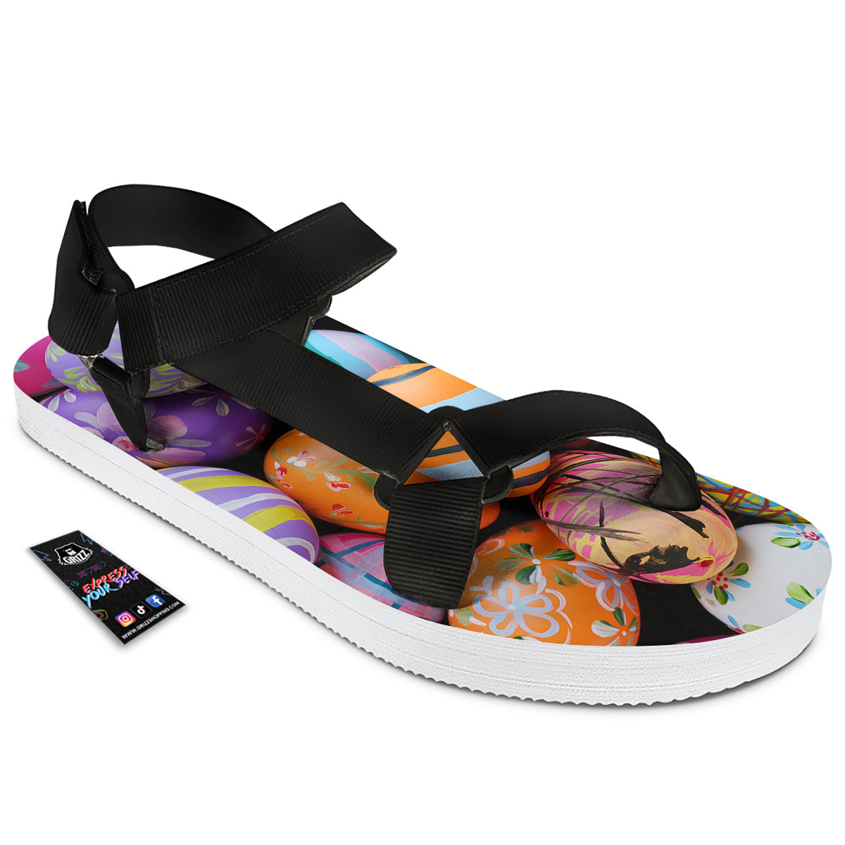 Easter Eggs Colorful Print Black Open Toe Sandals-grizzshop