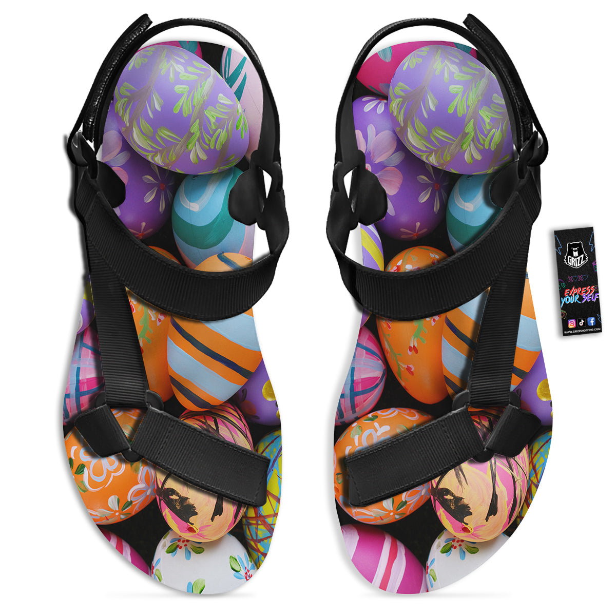 Easter Eggs Colorful Print Black Open Toe Sandals-grizzshop