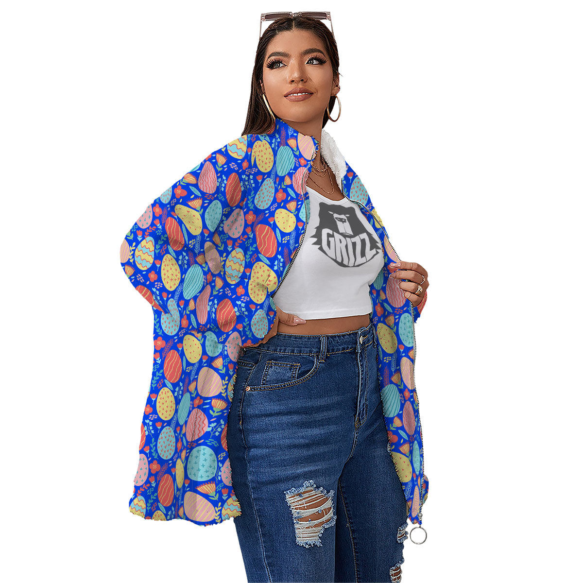 Easter Eggs Colorful Print Pattern Women's Sherpa Jacket-grizzshop