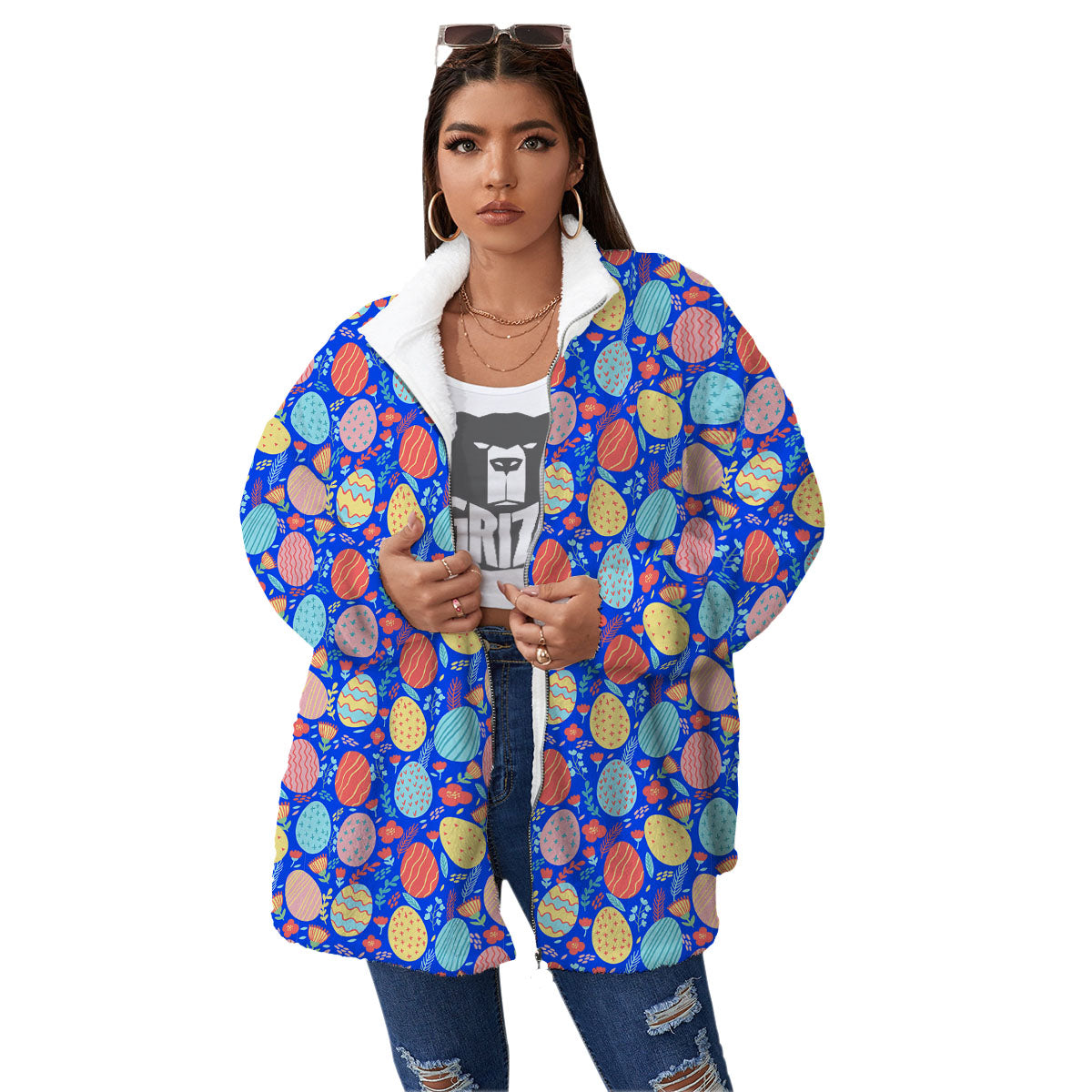 Easter Eggs Colorful Print Pattern Women's Sherpa Jacket-grizzshop