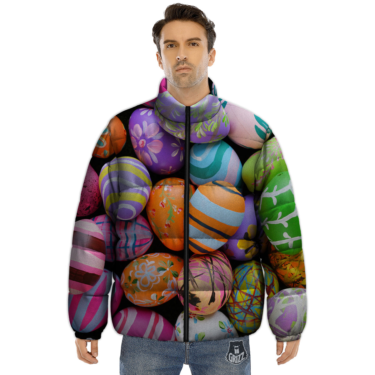 Easter Eggs Colorful Print Puffer Jacket-grizzshop