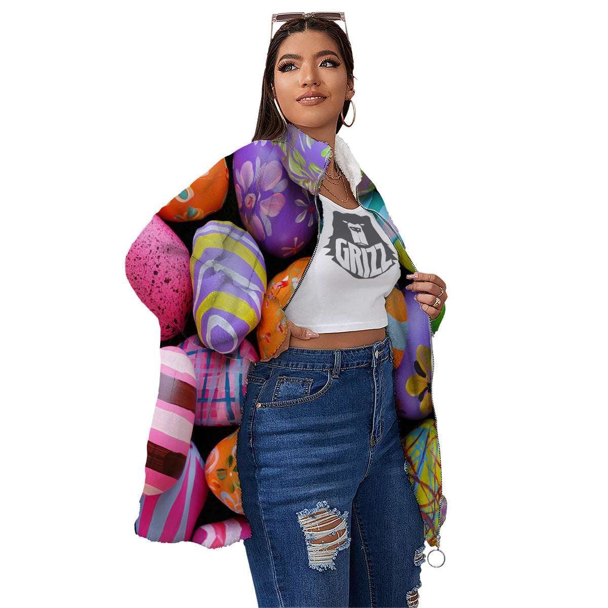Easter Eggs Colorful Print Women's Sherpa Jacket-grizzshop