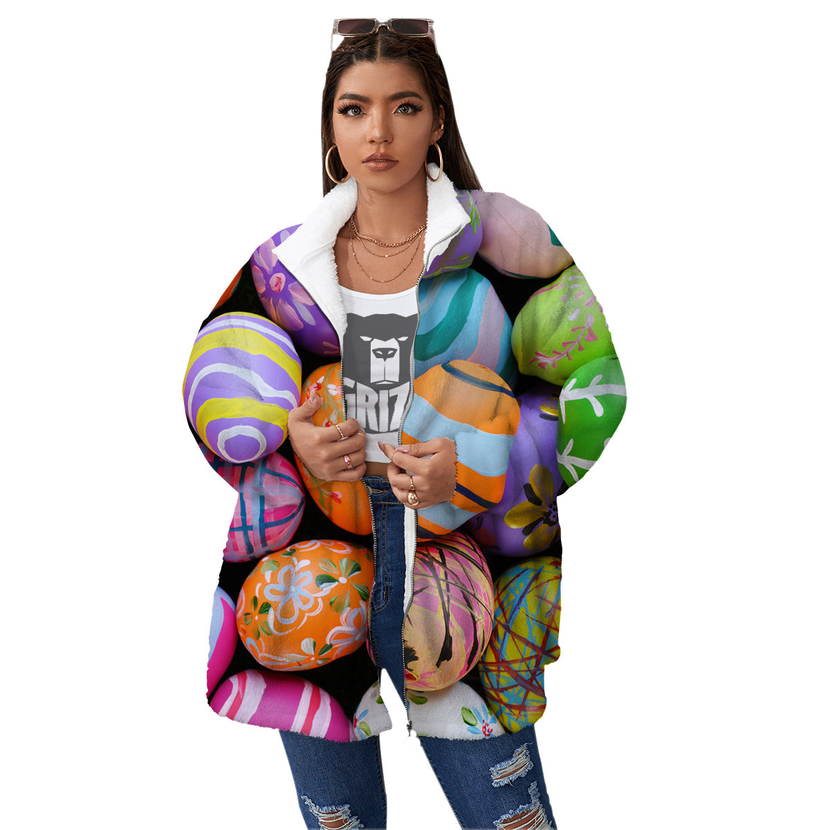 Easter Eggs Colorful Print Women's Sherpa Jacket-grizzshop