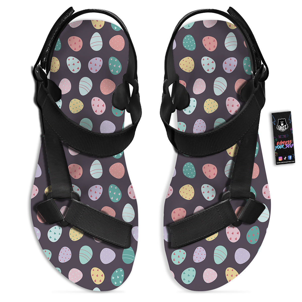 Easter Eggs Cute Print Pattern Black Open Toe Sandals-grizzshop