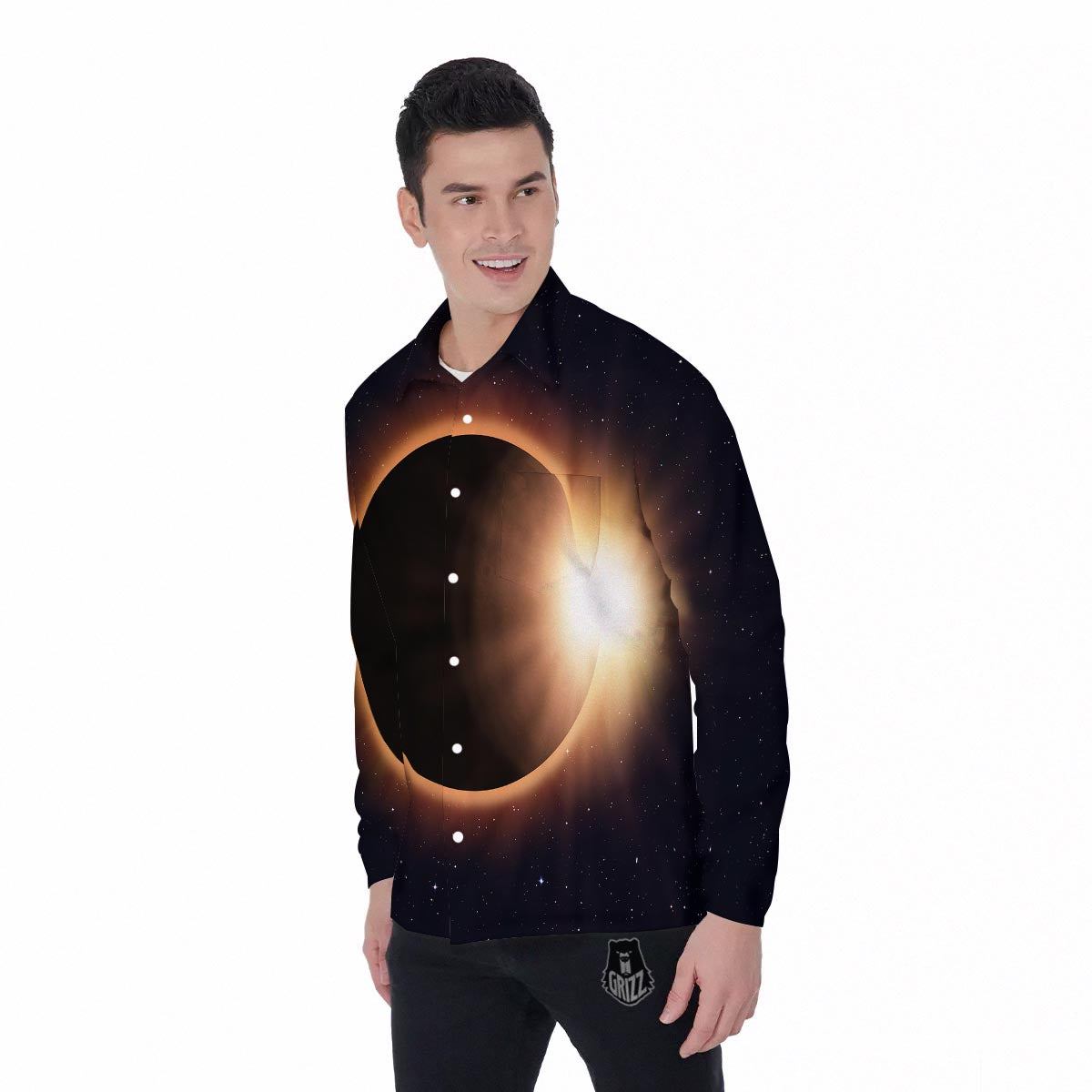 Eclipse Total Solar Print Men's Long Sleeve Shirts-grizzshop