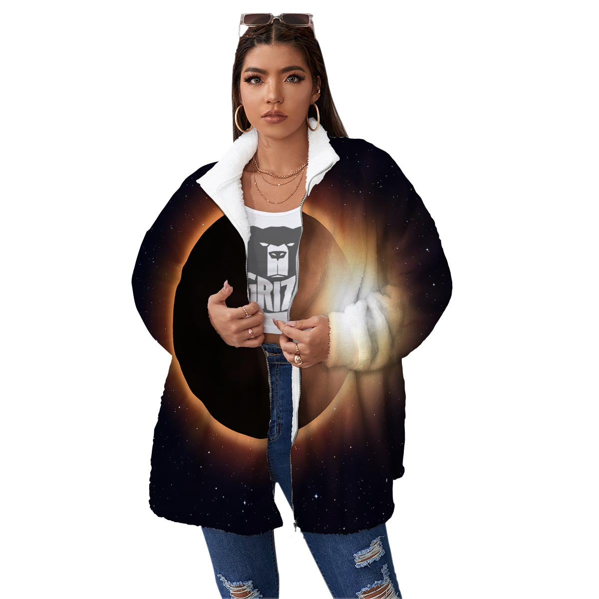 Eclipse Total Solar Print Women's Sherpa Jacket-grizzshop