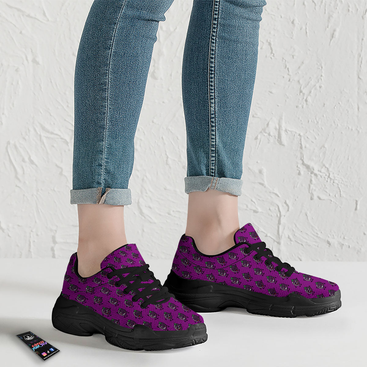 Eggplant Cartoon Print Pattern Black Chunky Shoes-grizzshop