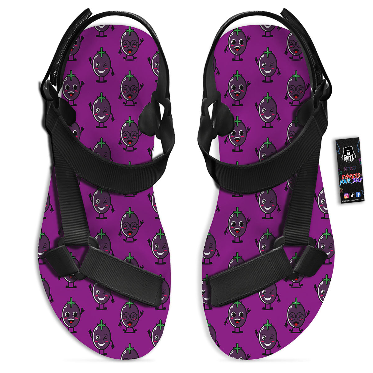 Eggplant Cartoon Print Pattern Black Open Toe Sandals-grizzshop