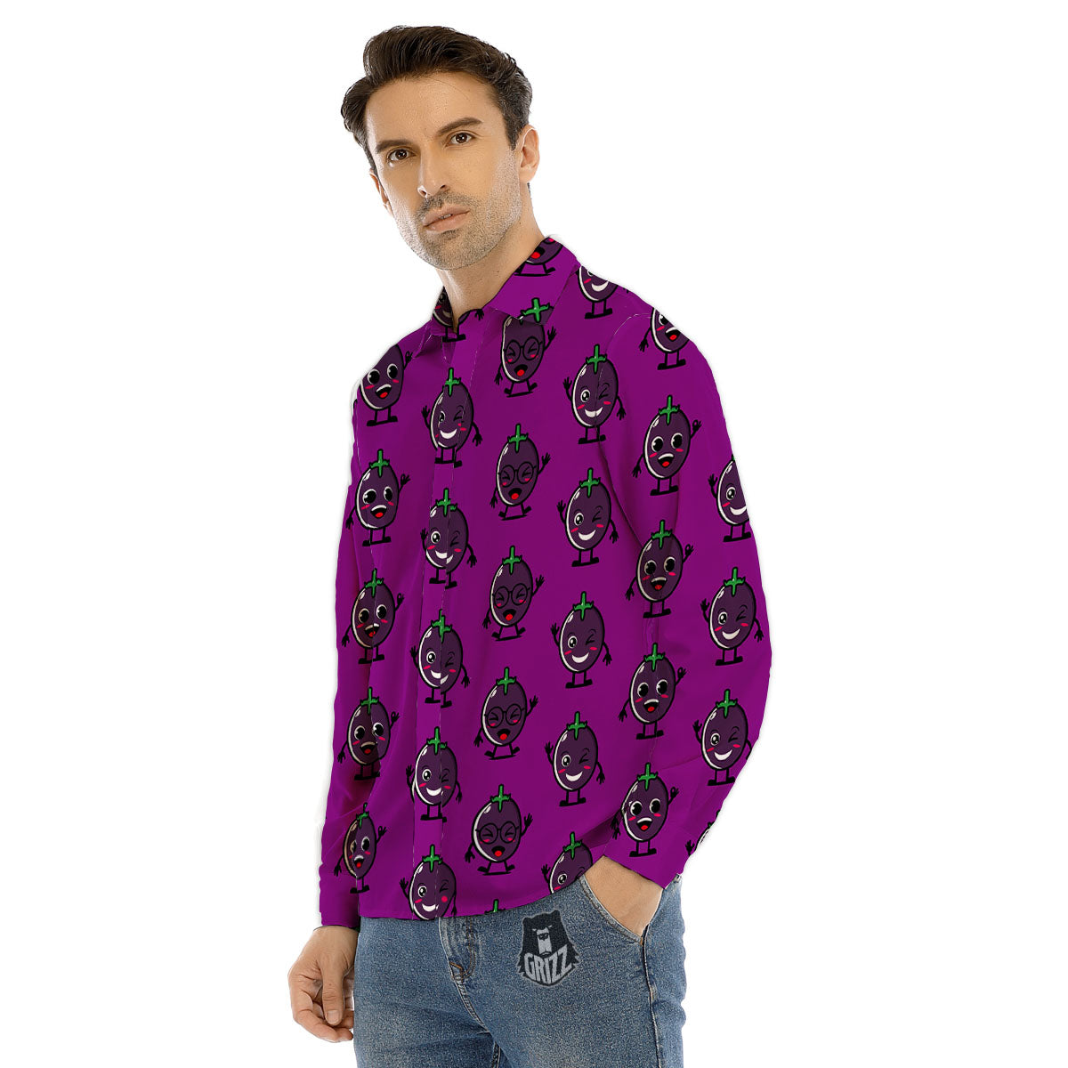 Eggplant Cartoon Print Pattern Men's Dress Shirts-grizzshop