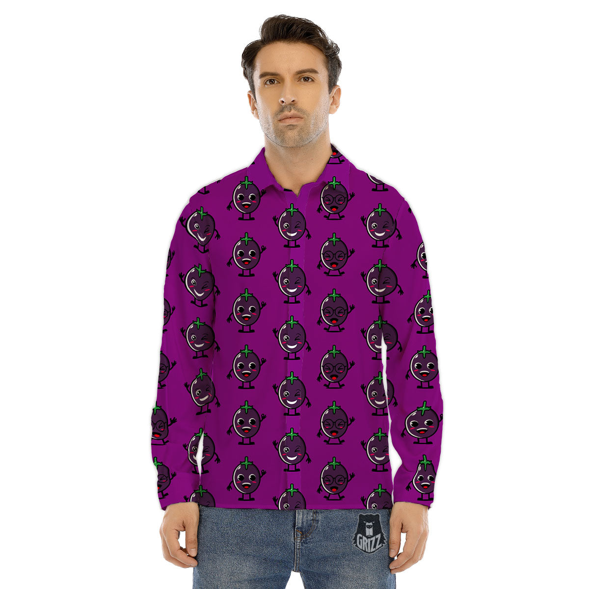 Eggplant Cartoon Print Pattern Men's Dress Shirts-grizzshop