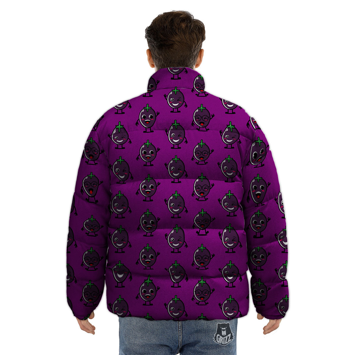 Eggplant Cartoon Print Pattern Puffer Jacket-grizzshop