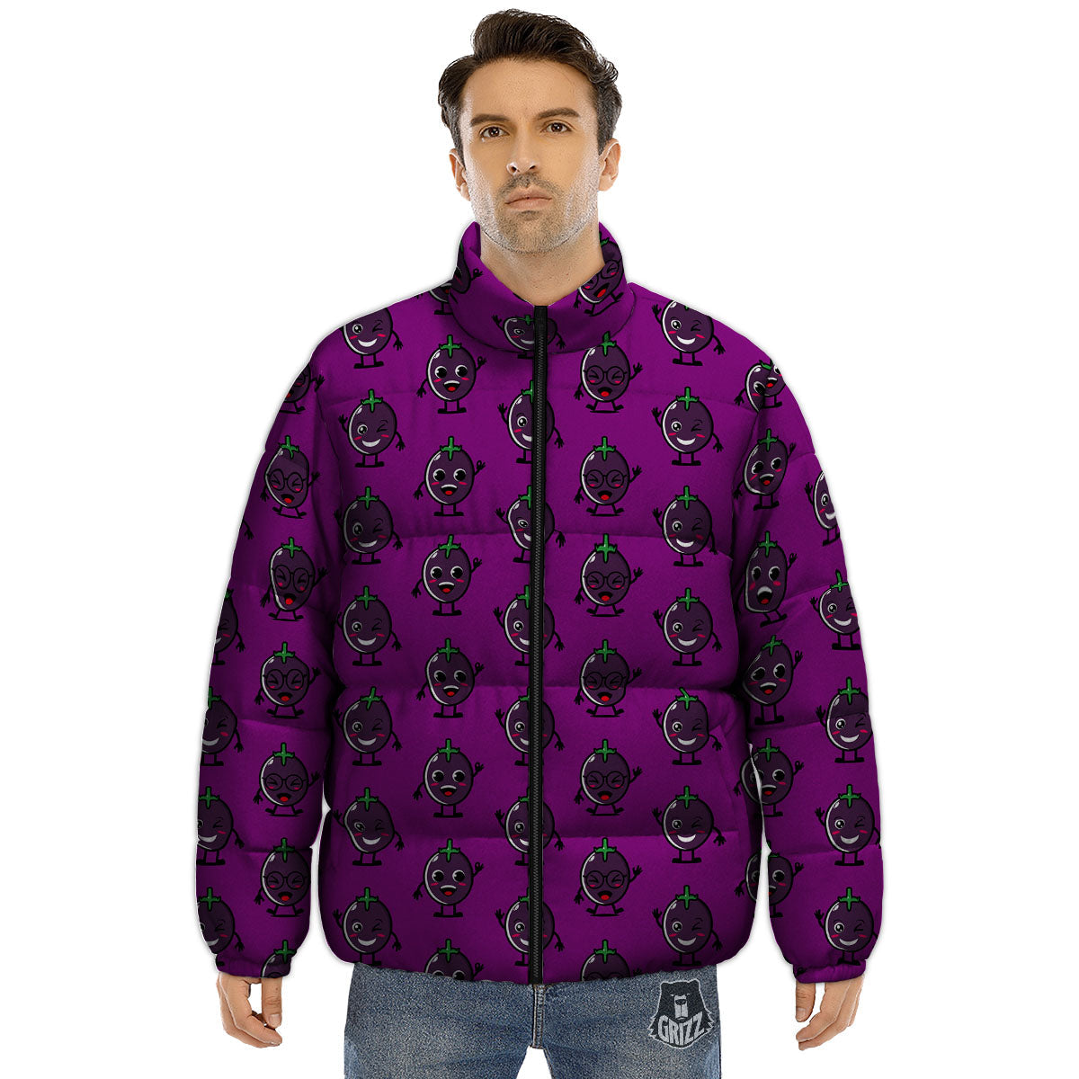 Eggplant Cartoon Print Pattern Puffer Jacket-grizzshop