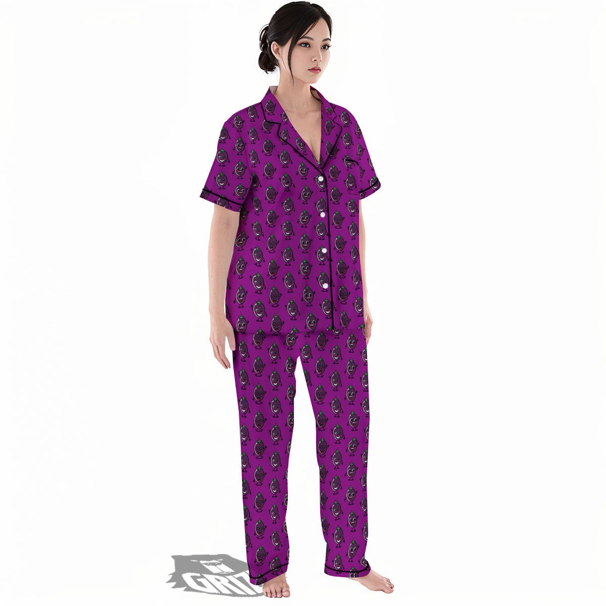 Eggplant Cartoon Print Pattern Women's Pajamas Set-grizzshop