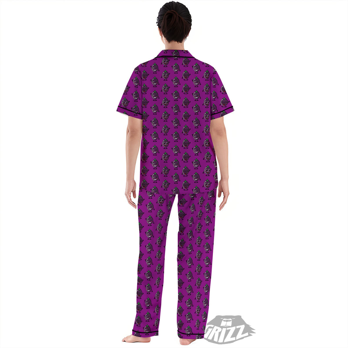 Eggplant Cartoon Print Pattern Women's Pajamas Set-grizzshop