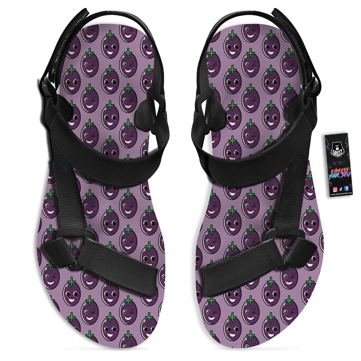 Eggplant Cute Print Pattern Black Open Toe Sandals-grizzshop
