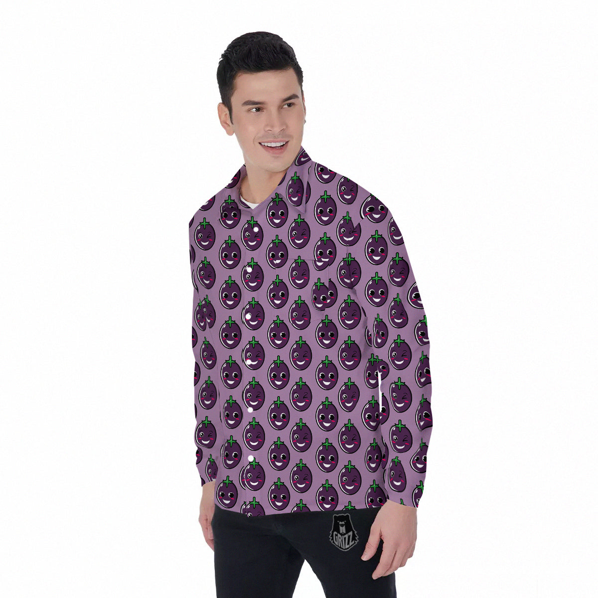 Eggplant Cute Print Pattern Men's Long Sleeve Shirts-grizzshop