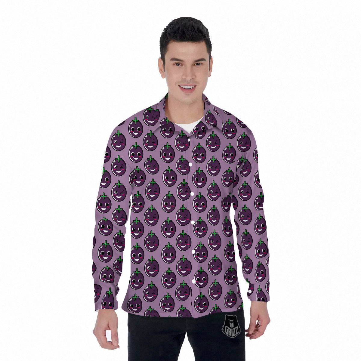 Eggplant Cute Print Pattern Men's Long Sleeve Shirts-grizzshop