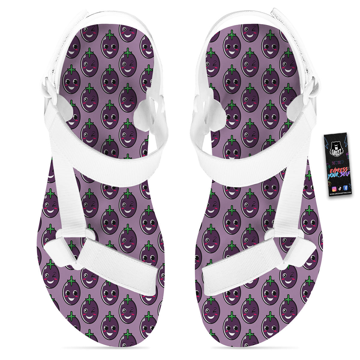 Eggplant Cute Print Pattern White Open Toe Sandals-grizzshop