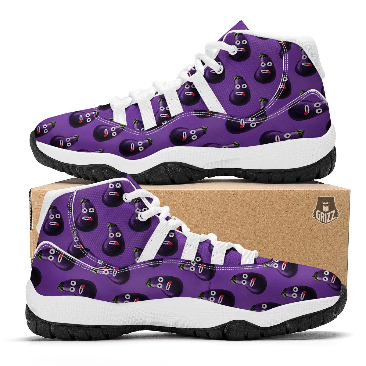 Eggplant Funny Pattern Print White Bball Shoes-grizzshop
